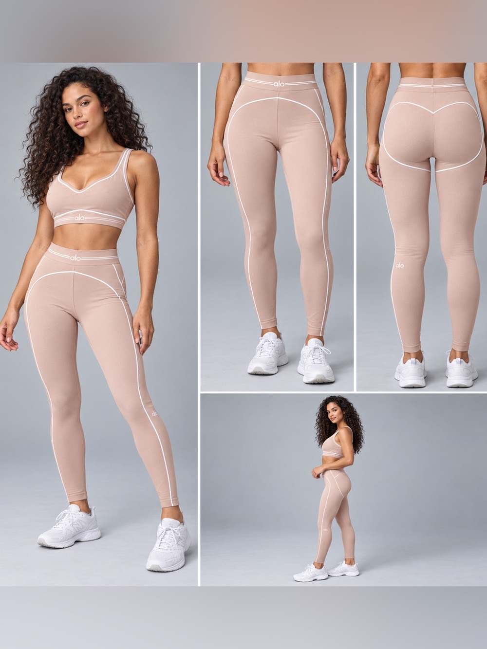 ALO SET Yoga High-Waist Sculpt Legging in Blush pink with White Piping NWOT